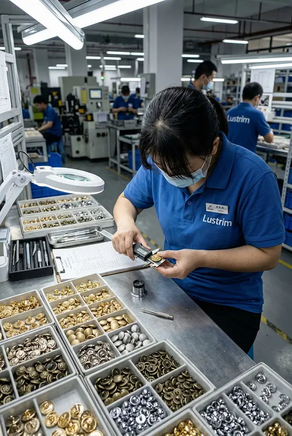 Quality control team inspecting custom shank buttons in our factory