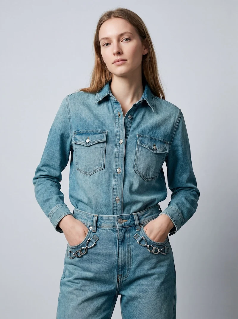 Metal chain on denim garment