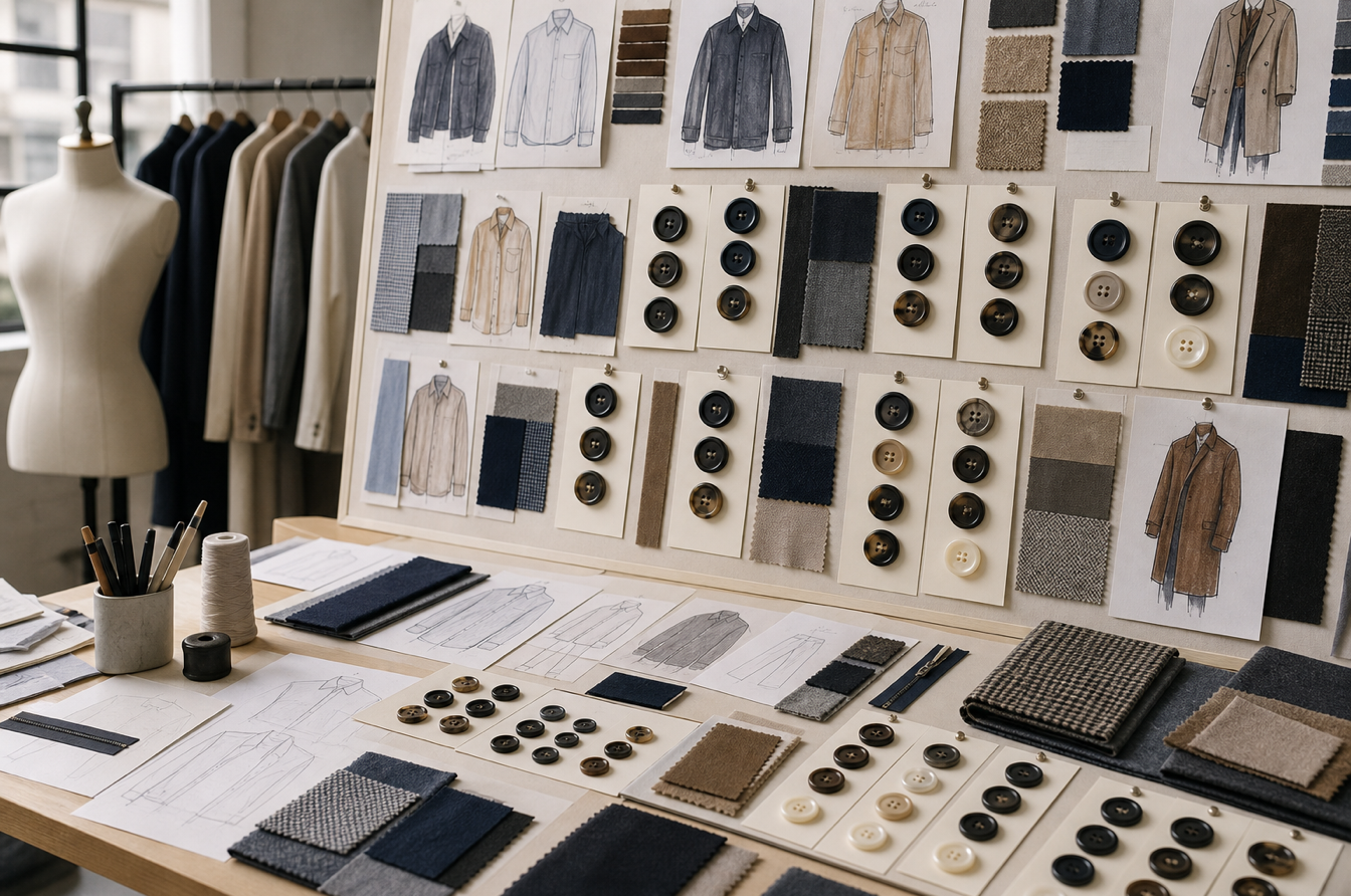 Brand trim board using resin buttons across shirts jackets and coats