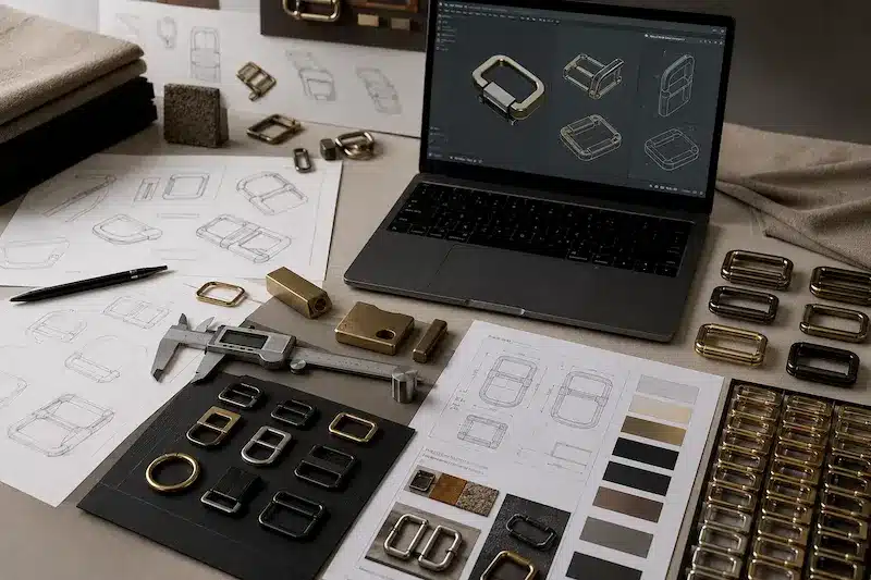 digital buckle design workspace with technical drawings and plated samples