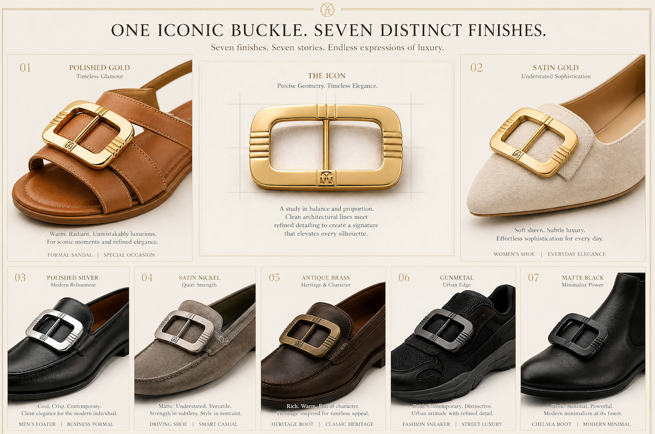 shoe buckle finish options across sandals, loafers, sneakers, and boots