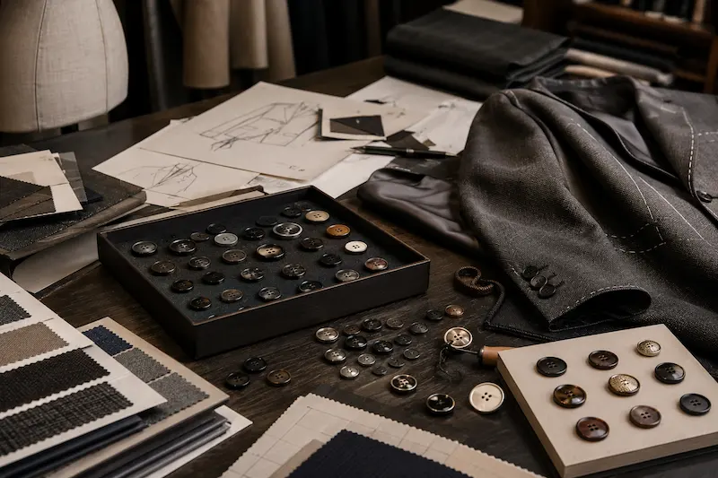 tailoring workspace with button samples, sketches, and fabric swatches