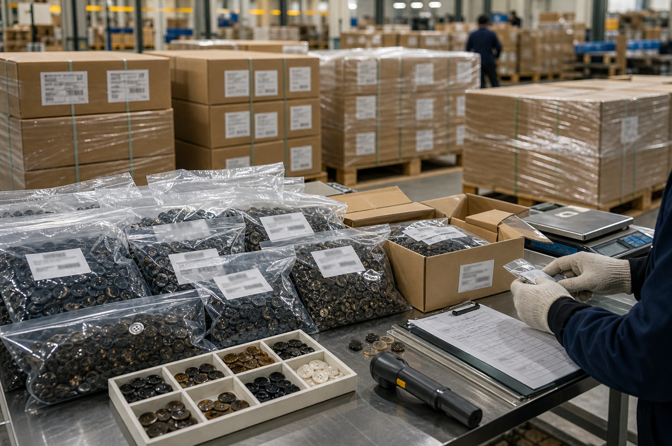 Batch identified resin buttons prepared for global garment export logistics