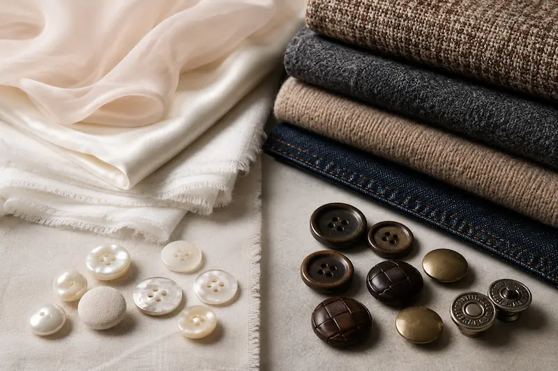 shirt and coat buttons matched with woven, denim, and silk fabrics