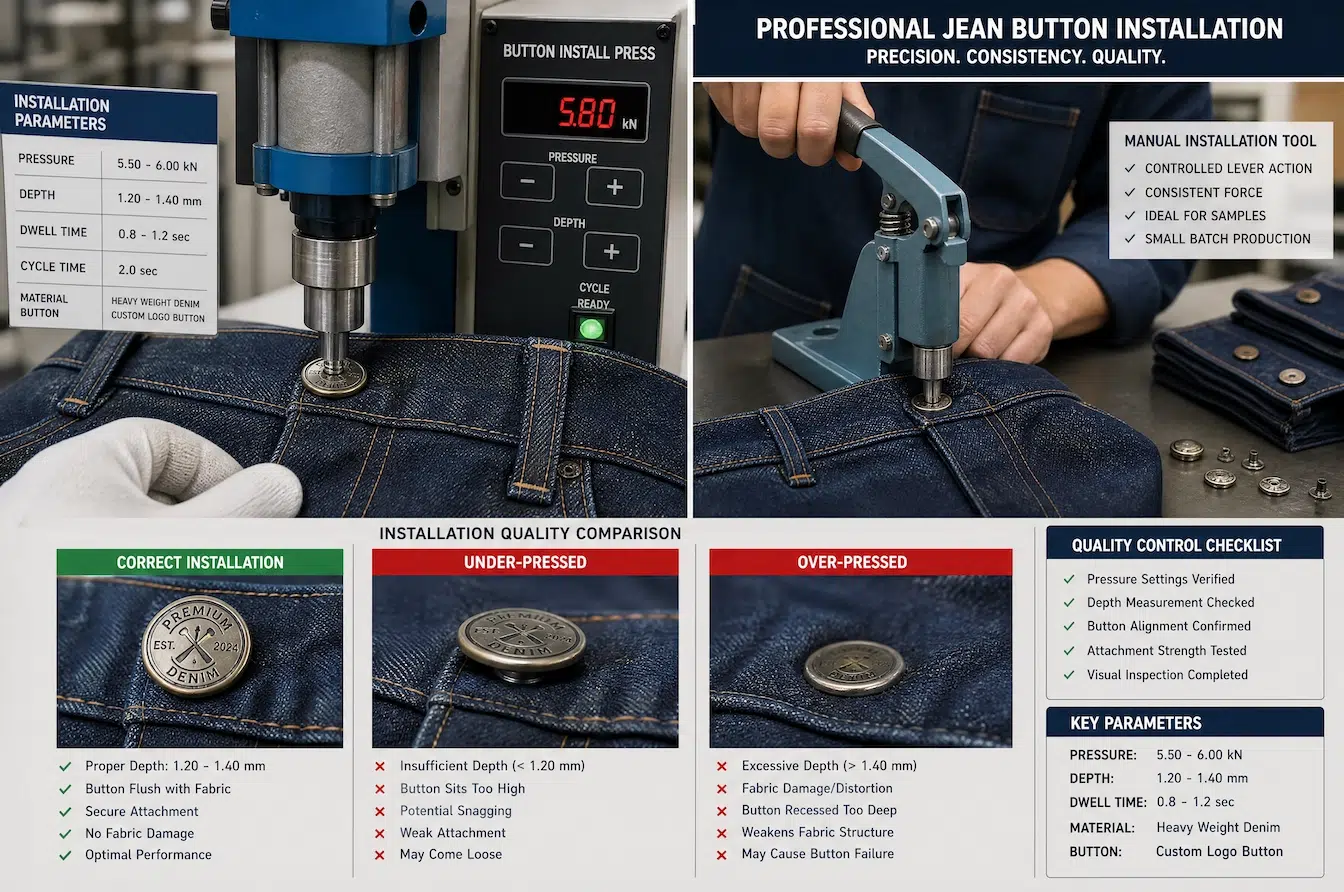 professional jean button installation with press machine and quality comparison