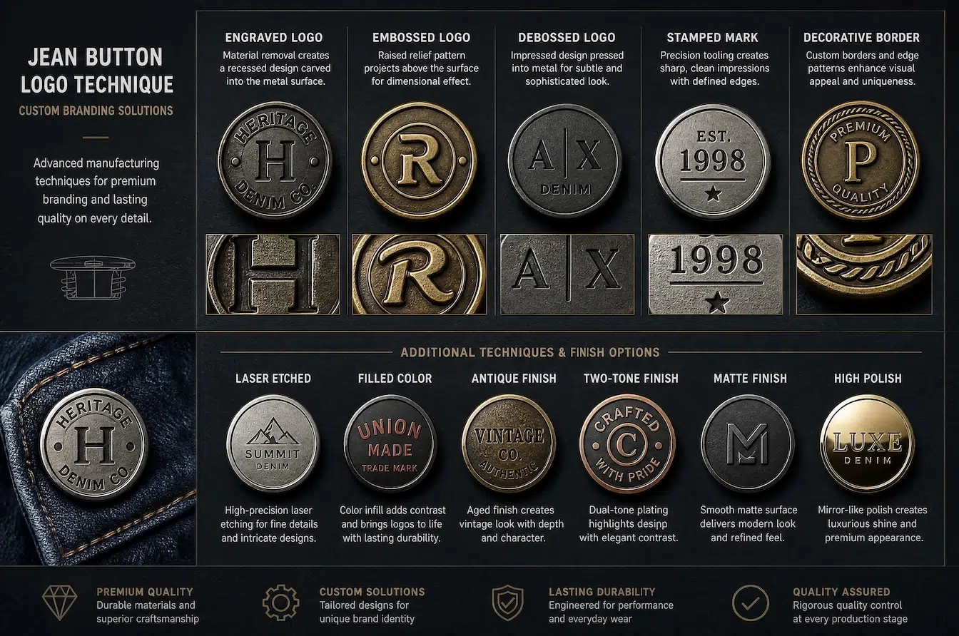 custom jean button logo techniques including engraving, embossing, debossing, and finishes