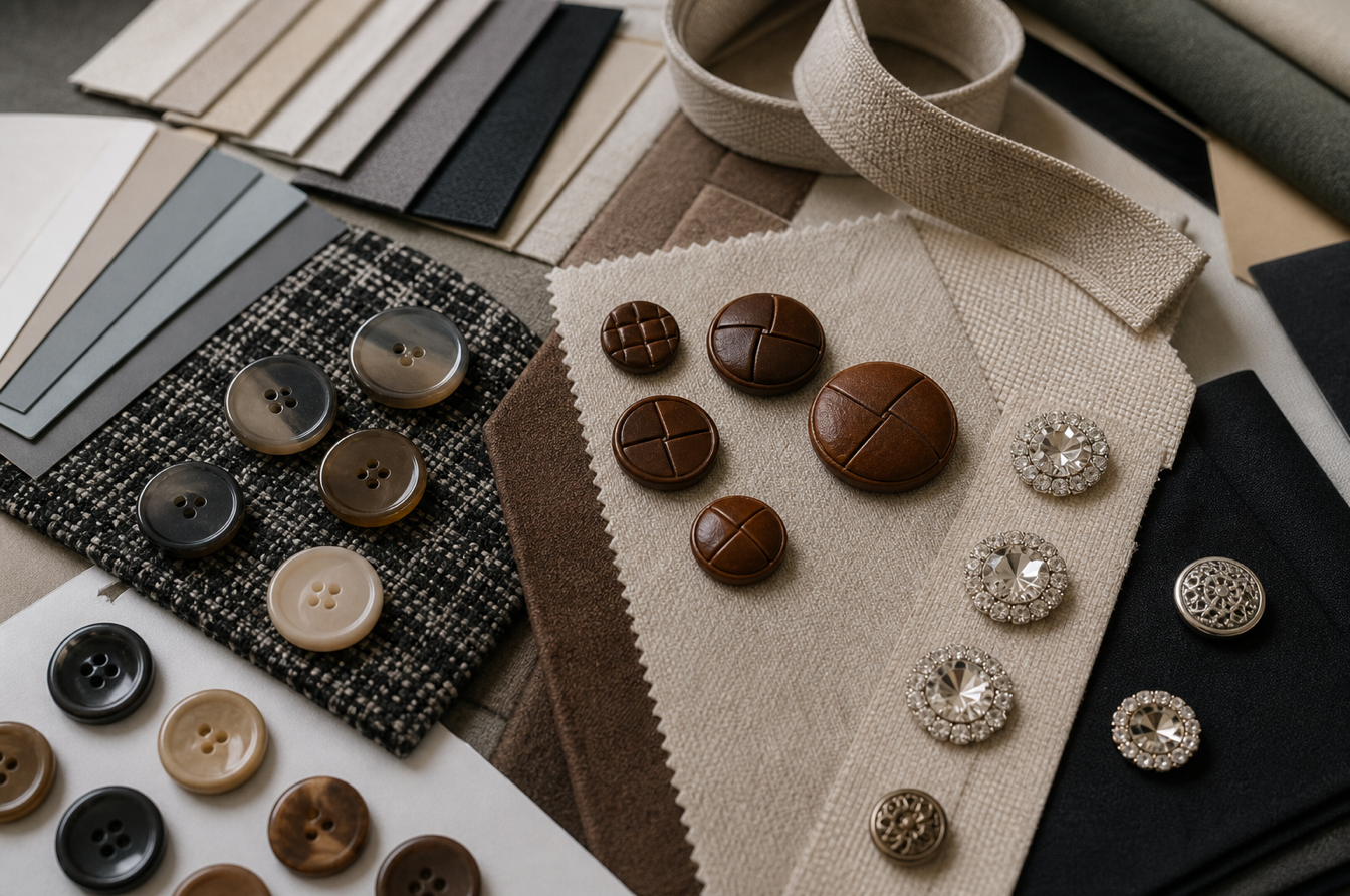Acrylic leather and rhinestone buttons on fabric swatches in a studio material board