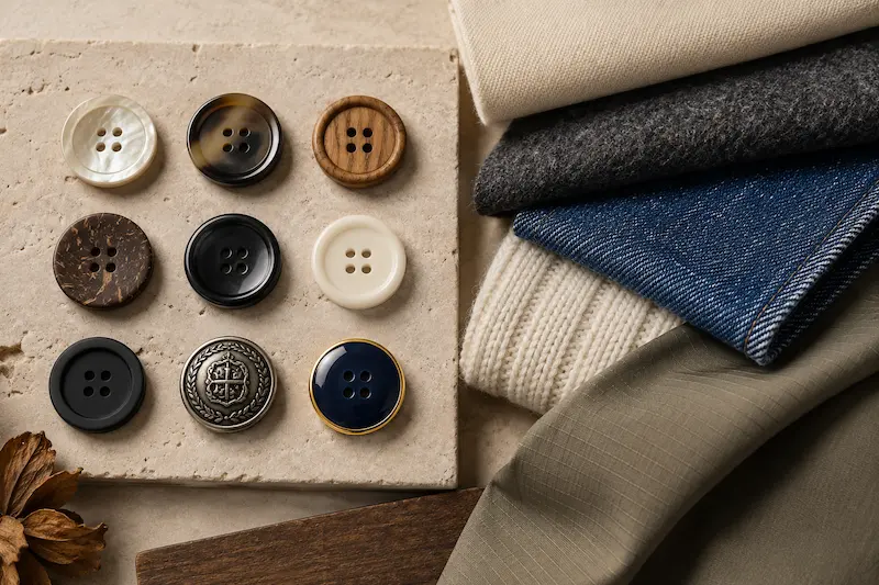natural and metal buttons displayed beside premium garment fabrics