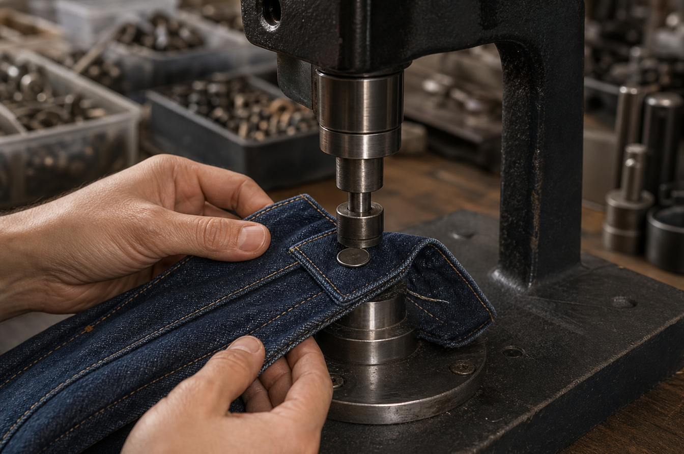 Button press installing a jeans button into thick denim