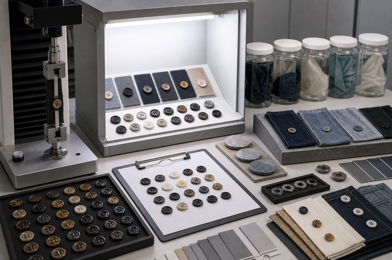 button quality control with wash testing and color inspection tools