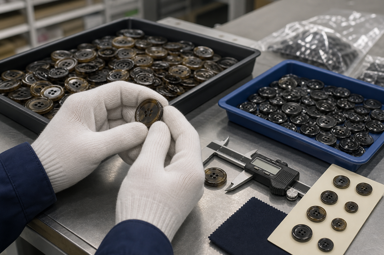 Factory quality control station inspecting button lots with calipers and sample cards