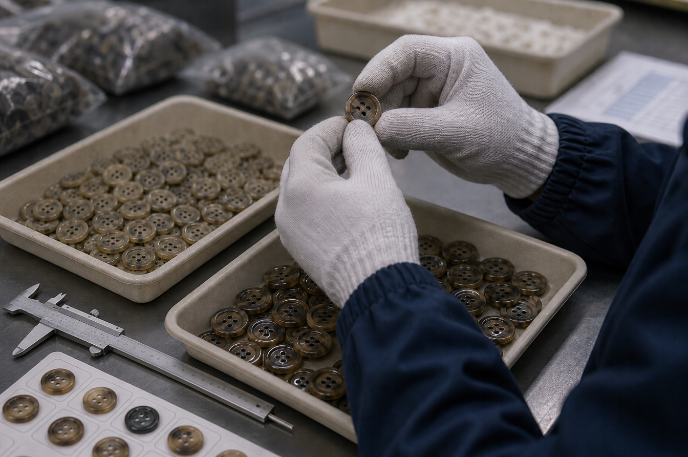 Inspector sorting approved and rejected resin buttons after factory production