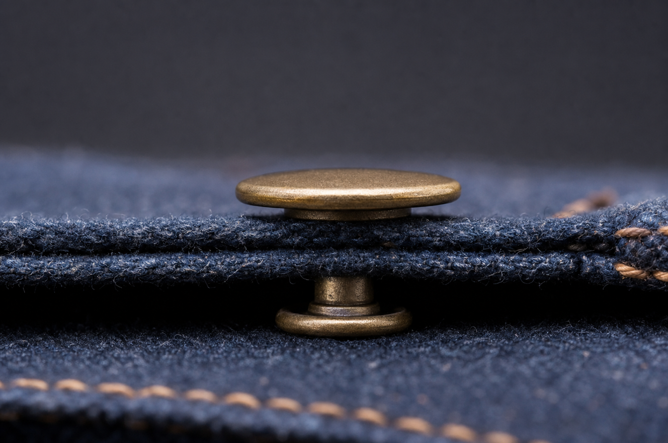 Side view of jeans button shank gap through thick denim