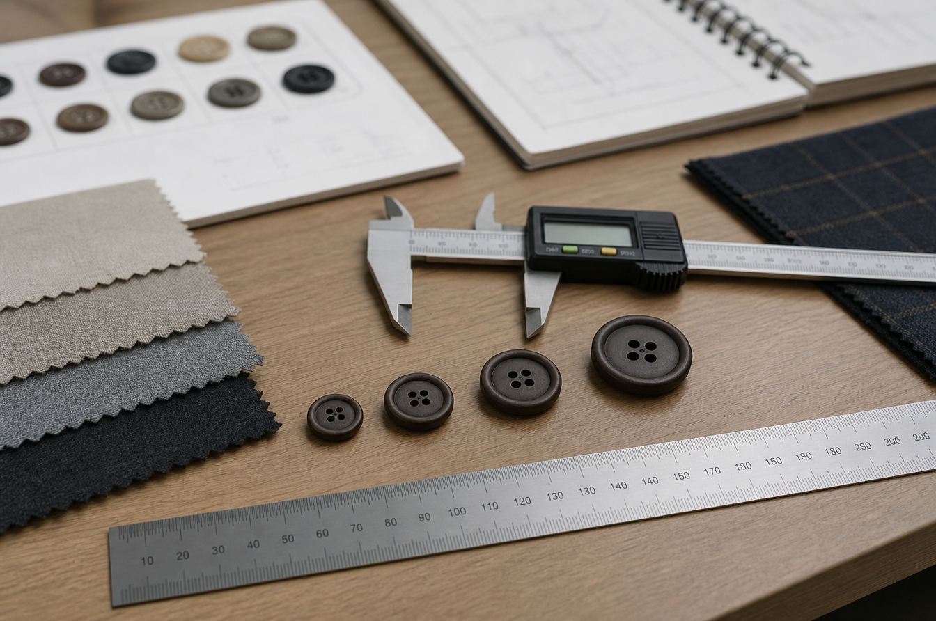 Button sizes arranged with caliper and swatches on a technical design desk