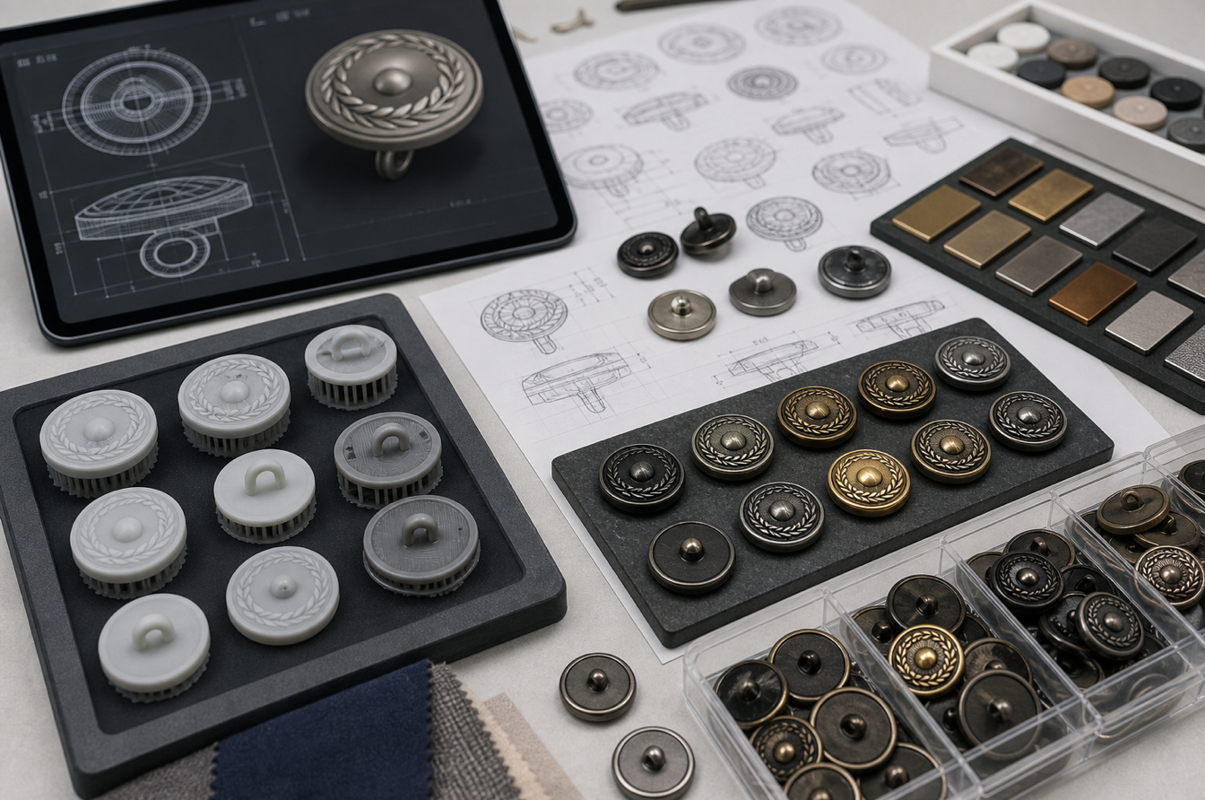 shank button sourcing control with prototypes finish chips and CAD sketches