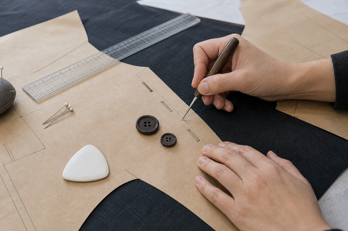 Patternmaker adjusting buttonhole marks after changing garment button size