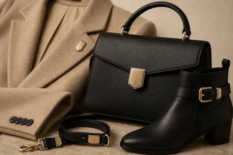 coordinated handbag, boot, belt, and coat hardware in gold finish