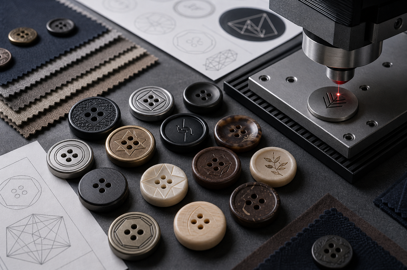 custom laser marked buttons for brand identity and export compliance