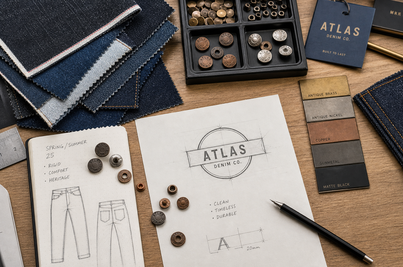 flat lay of denim swatches rivet samples and plating chips on designer worktable