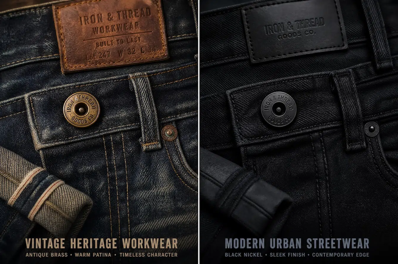 vintage brass and black nickel jean buttons for different denim brand styles