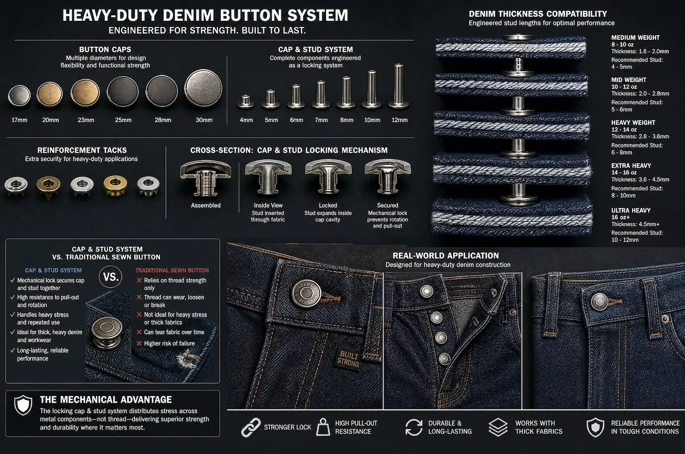 heavy duty denim button system with caps, studs, tacks, and fabric thickness guide