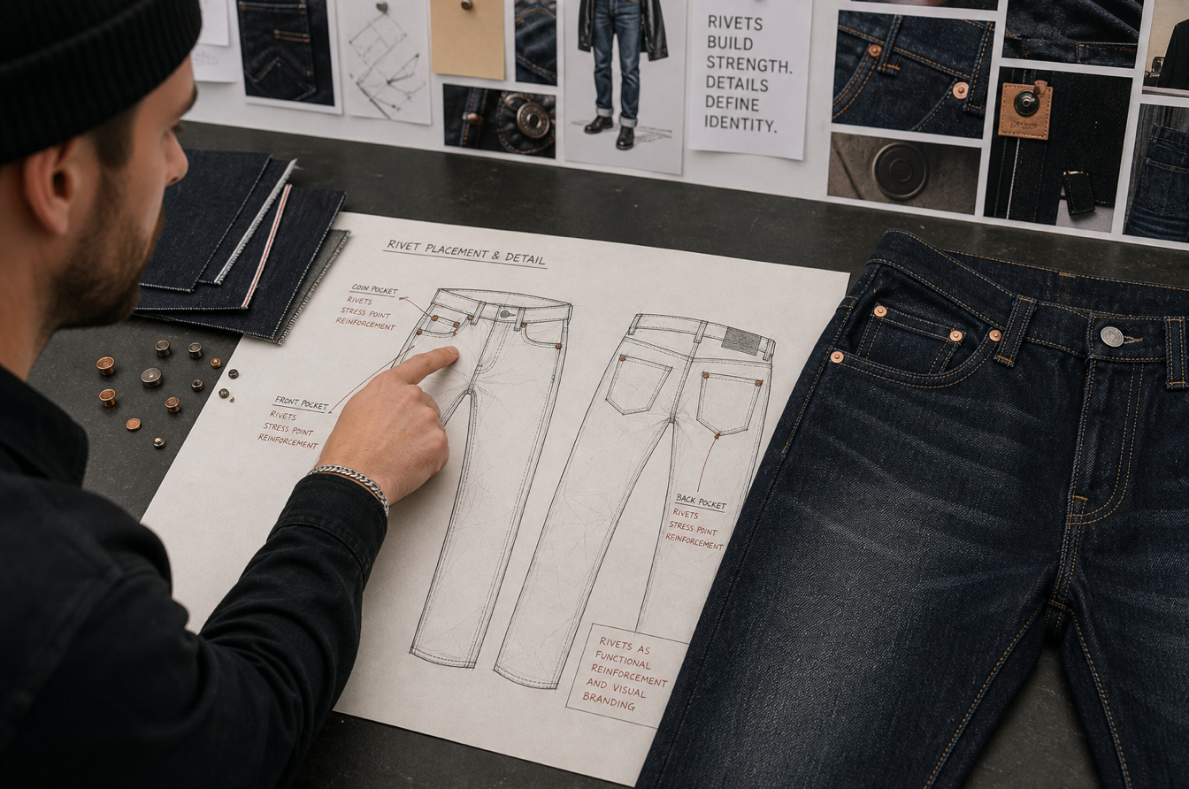 designer pointing at denim rivet placement plan beside finished jeans