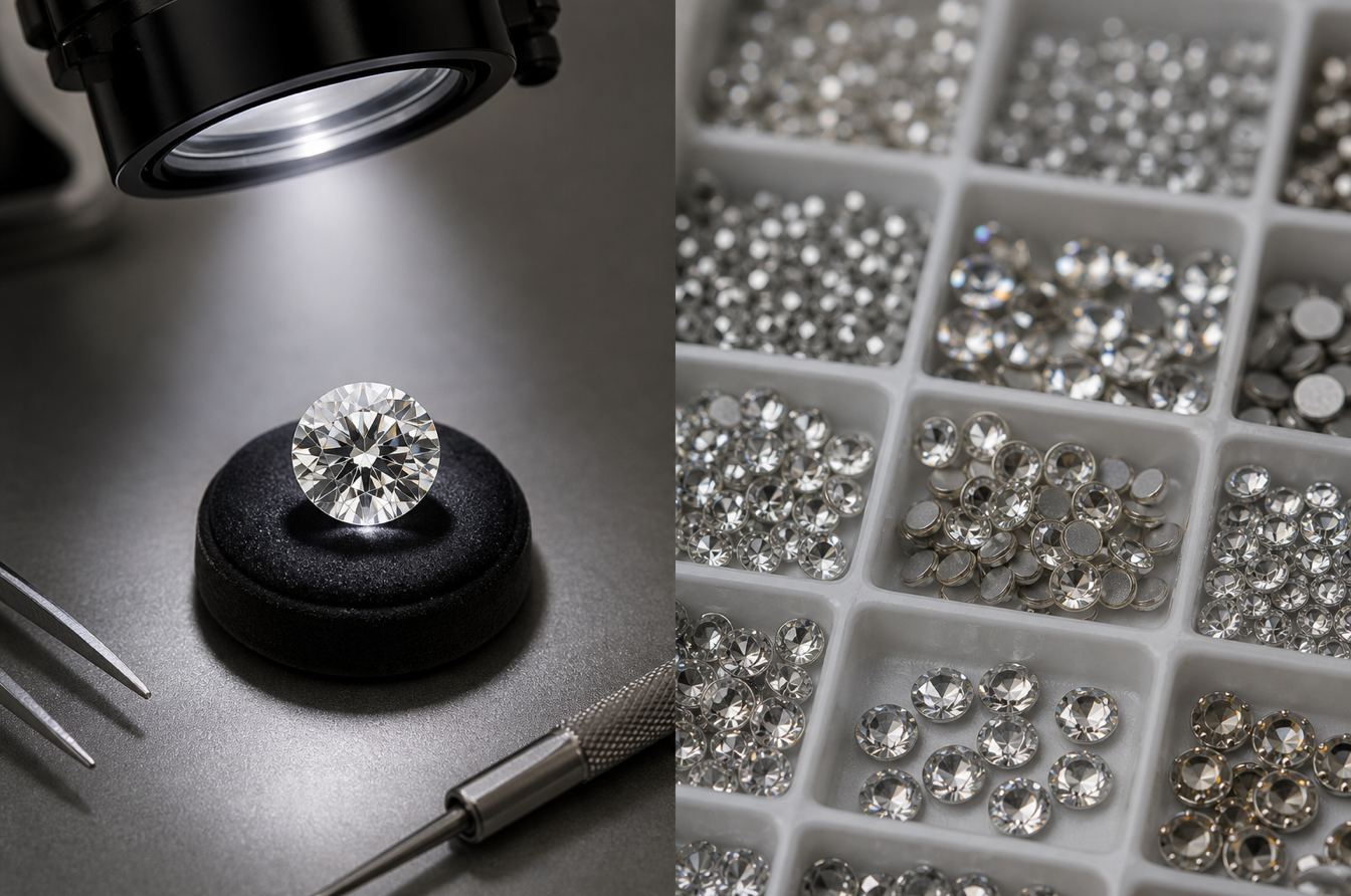 Loose diamond and sorted rhinestones showing rarity versus production sparkle
