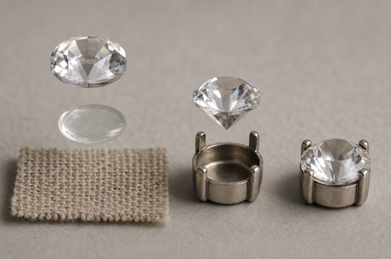 Flat back rhinestone glue layer and pointed back stone in metal cup