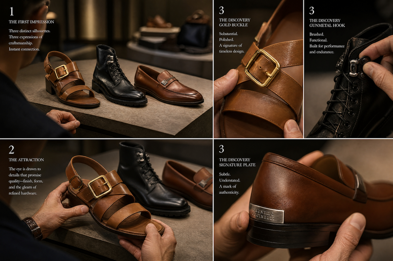premium footwear hardware shown on sandals, boots, and loafers