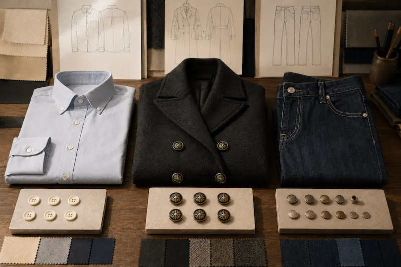 shirt, coat, and denim button applications with fabric swatches