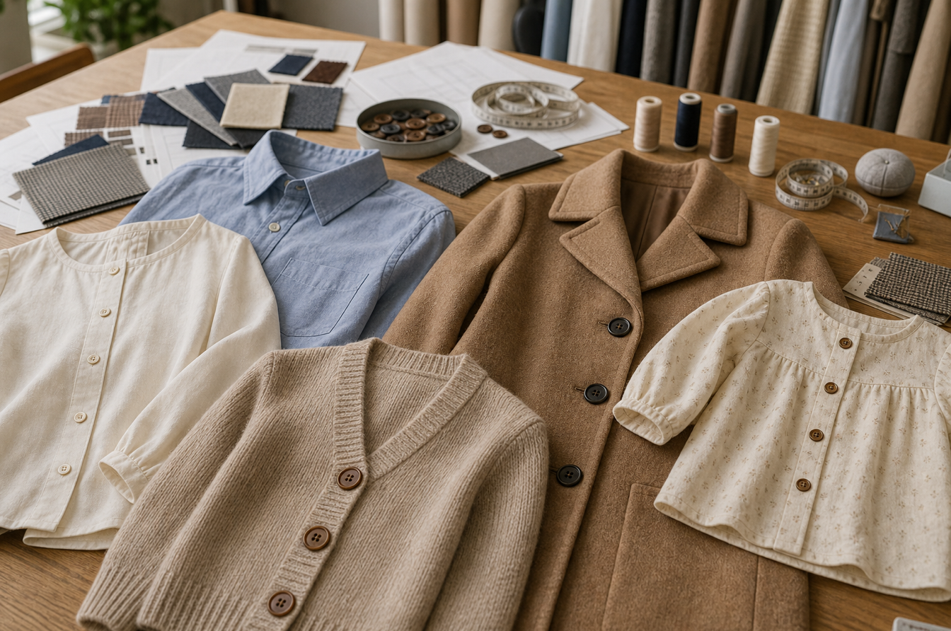 Garment samples with buttons arranged by shirt blouse cardigan coat and childrenswear scale