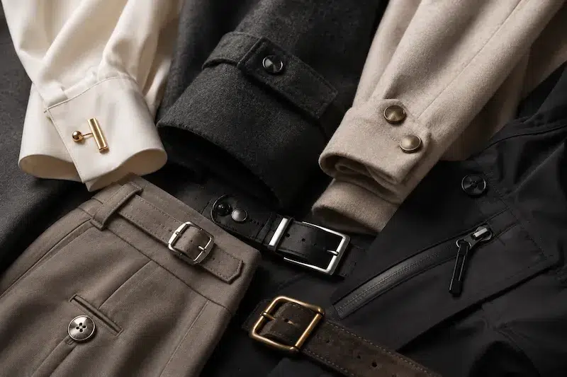 premium garment hardware details on cuffs, belts, zippers, and trousers