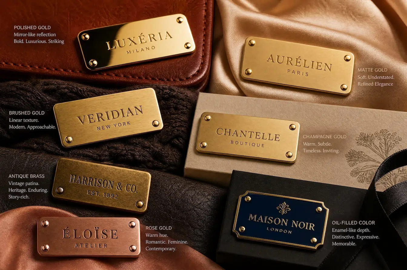 custom metal labels in different gold finishes and brand styles