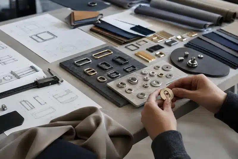 custom fashion hardware development with sketches, samples, and material swatches