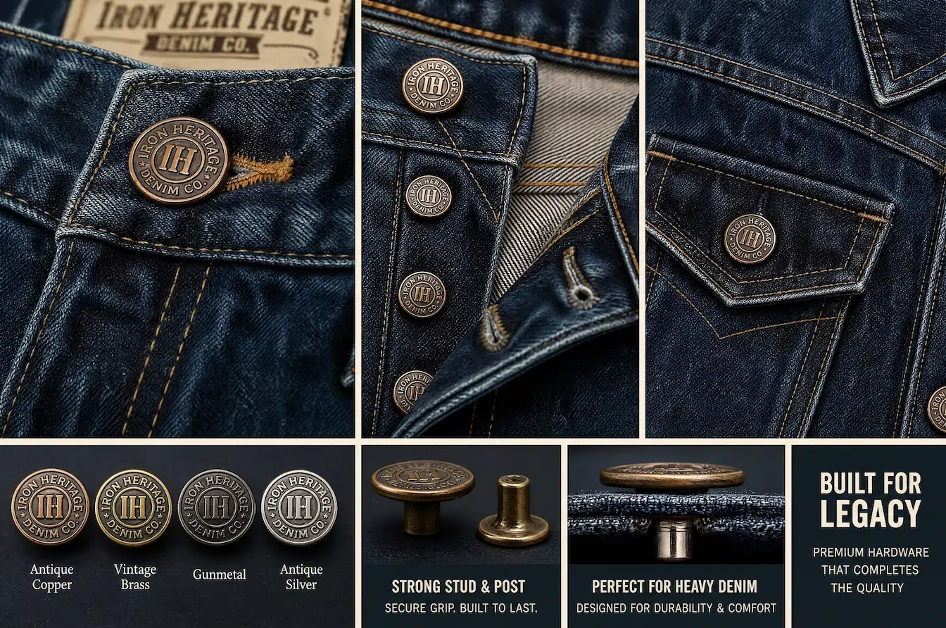 custom jean buttons applied on waistband, fly, pocket, and denim finishes