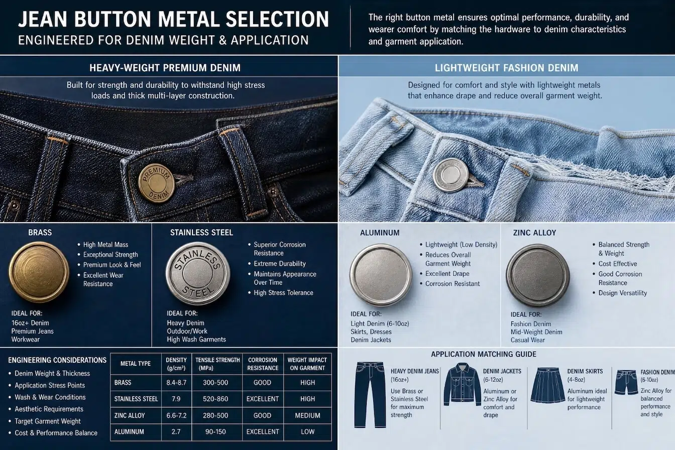 jean button metal selection for heavy denim and lightweight fashion denim