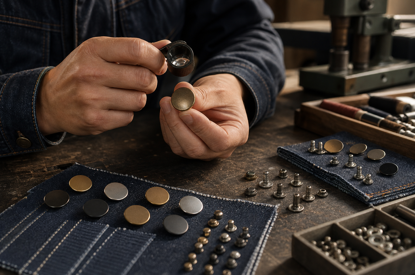Craftsperson inspecting premium jeans buttons and rivets on raw denim