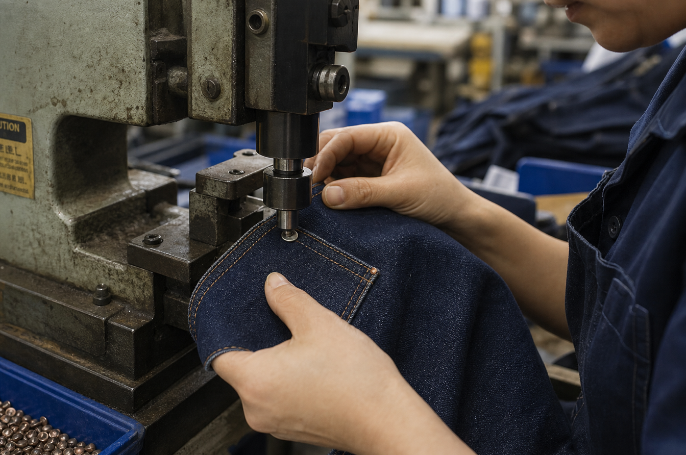 rivet machine installing metal hardware on thick denim pocket corner