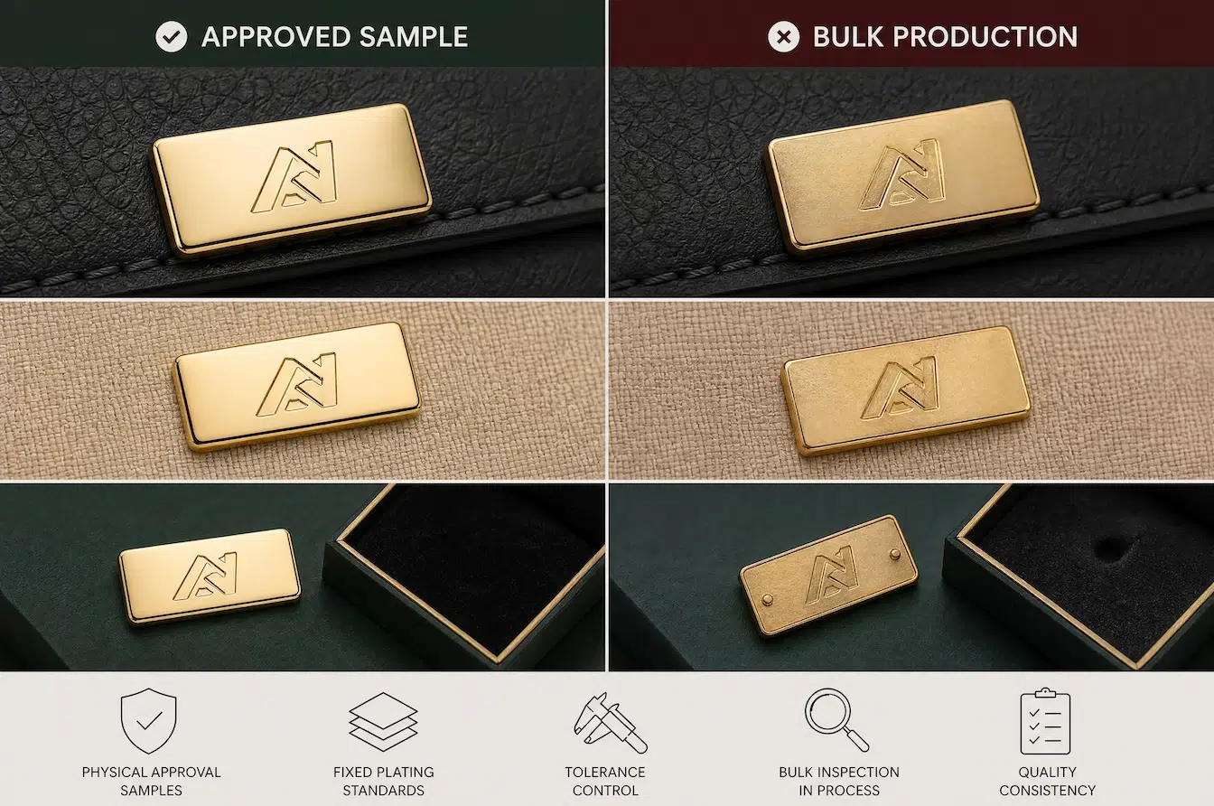 approved metal label sample compared with inconsistent bulk production results