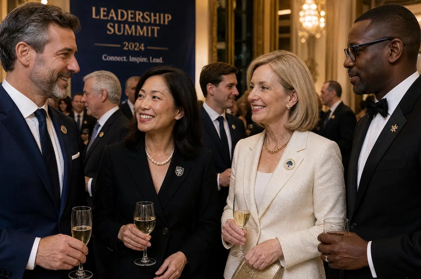 professionals wearing custom lapel pins at leadership summit event