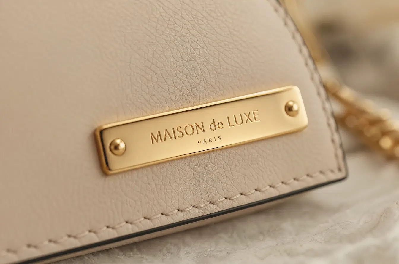 engraved gold metal label on cream leather bag surface