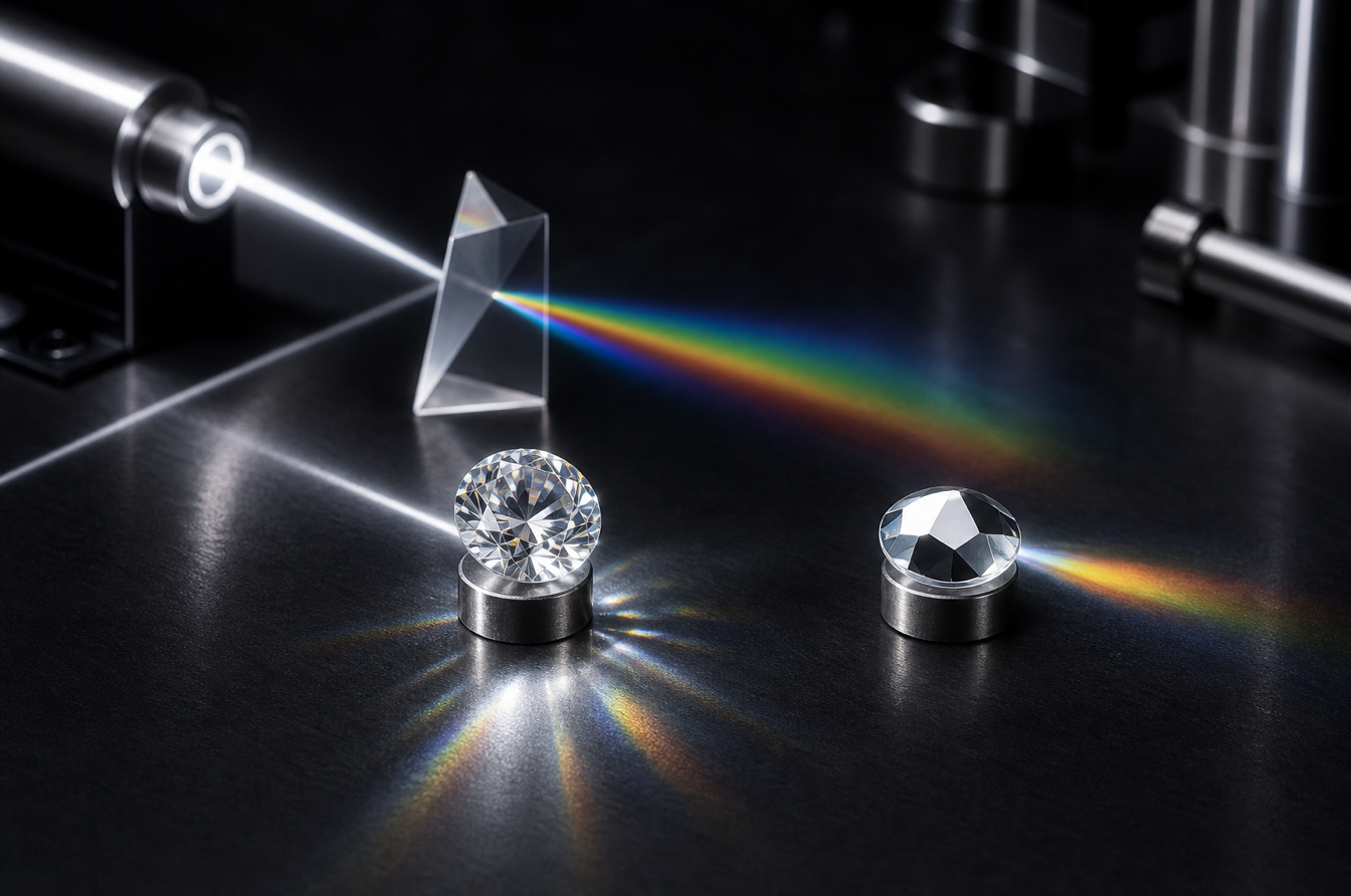 Light beams comparing diamond refraction and silver backed rhinestone reflection
