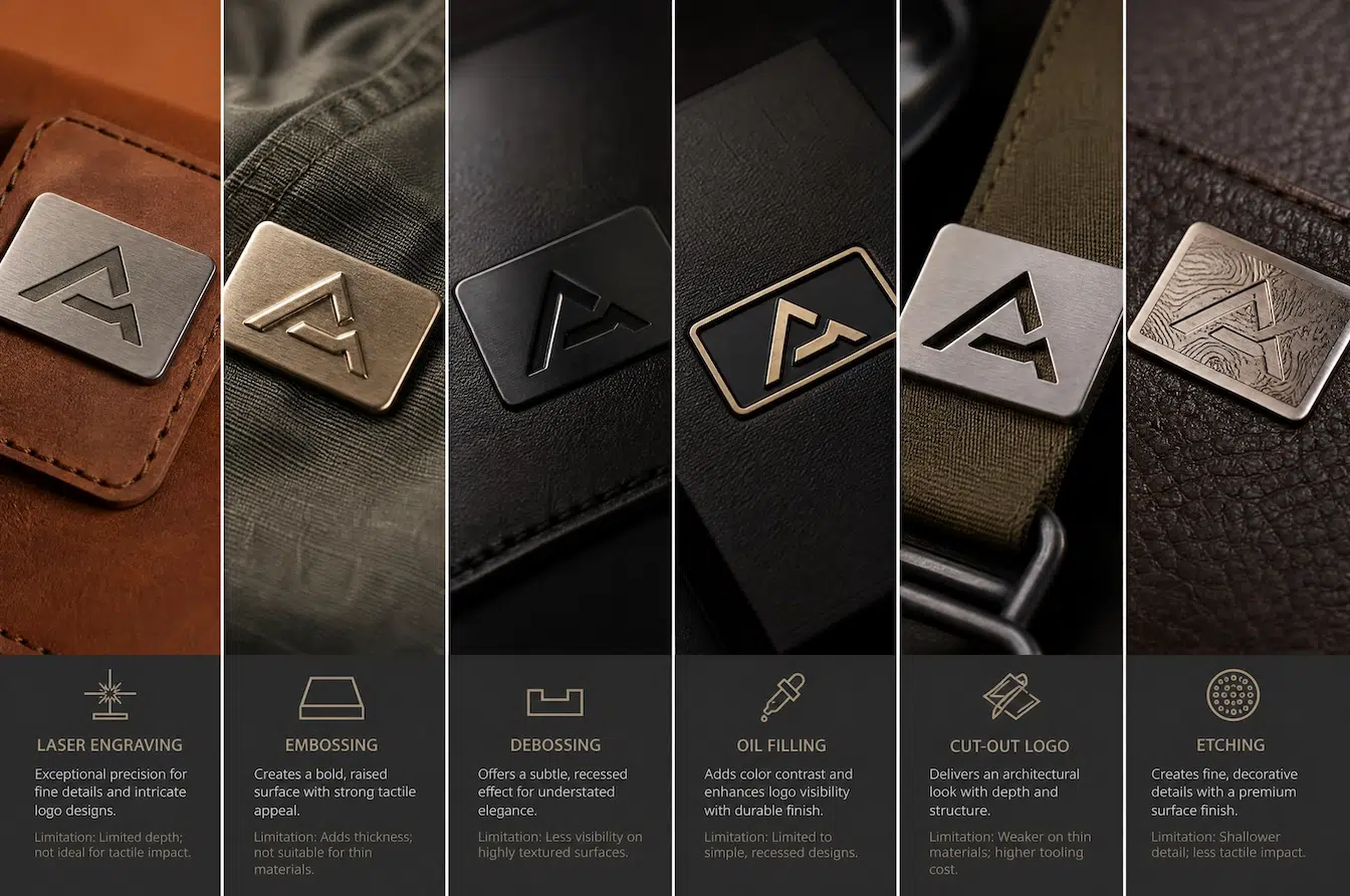 metal logo label techniques including engraving, embossing, debossing, and etching