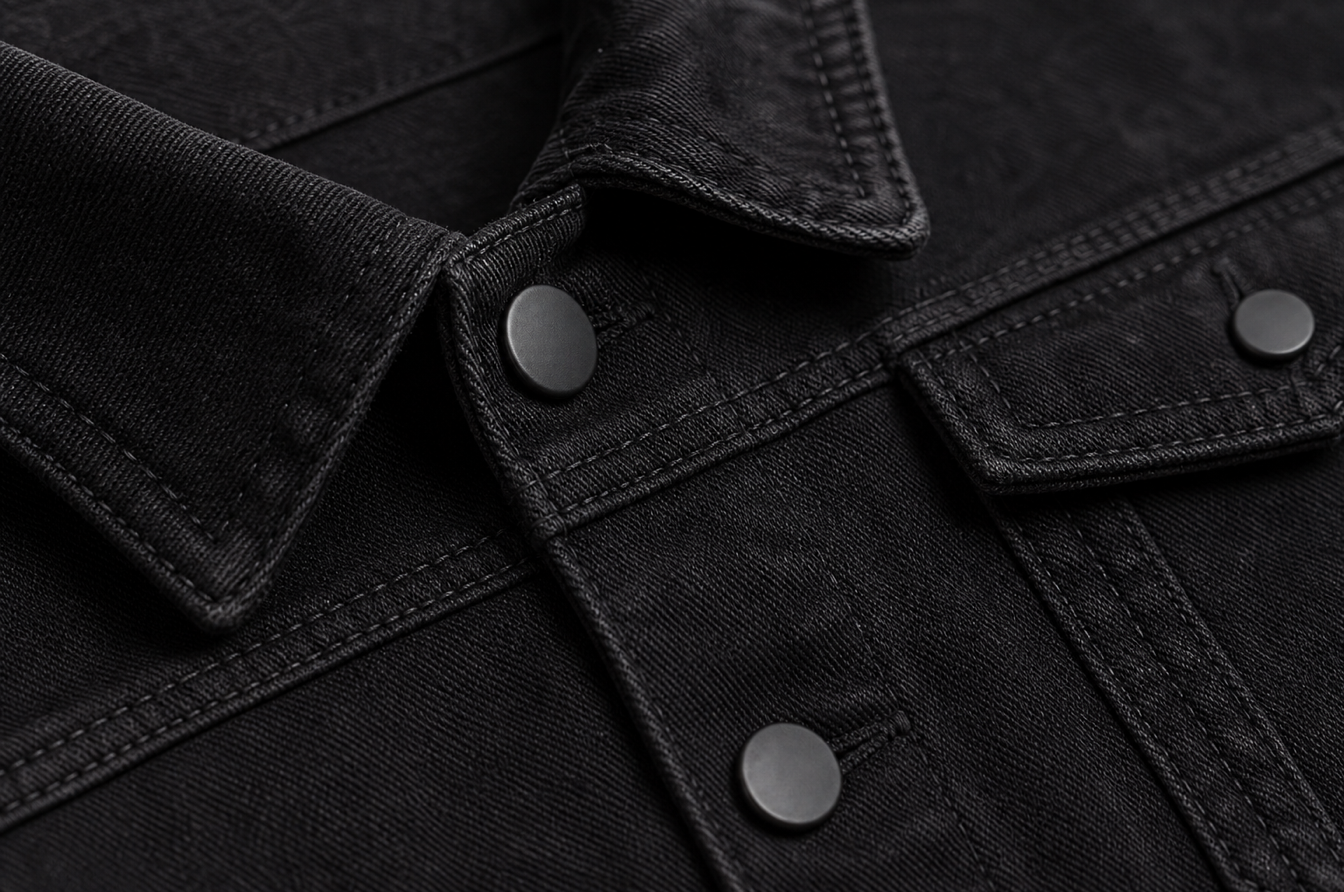 Matte black jeans button installed on black denim streetwear detail