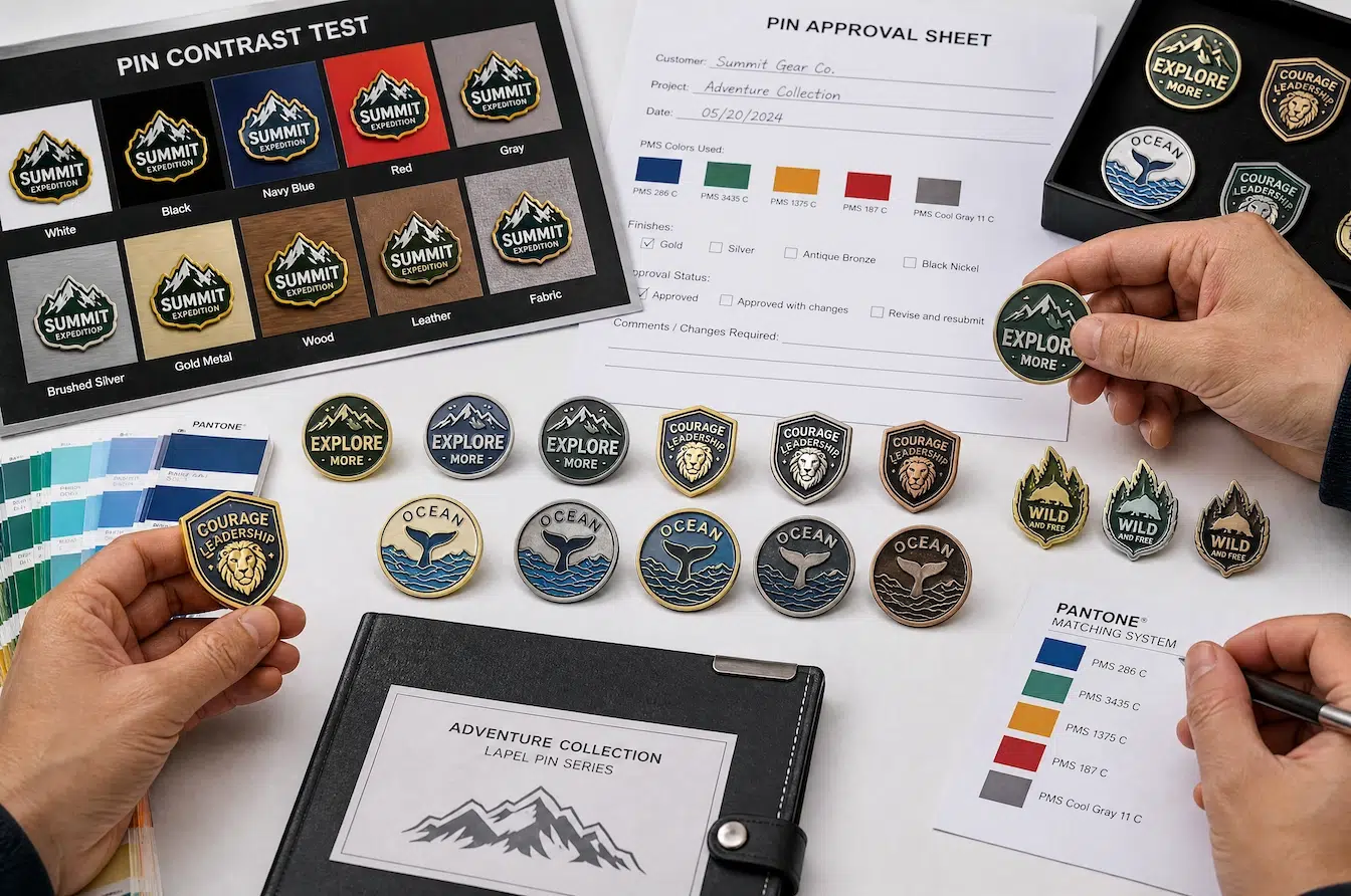 custom lapel pin approval process with color testing and production samples