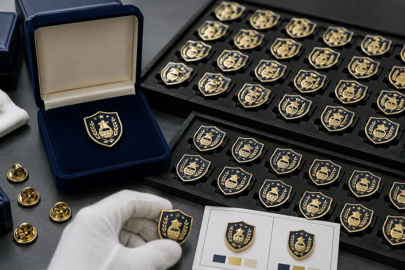 bulk lapel pin inspection with approved sample and presentation box