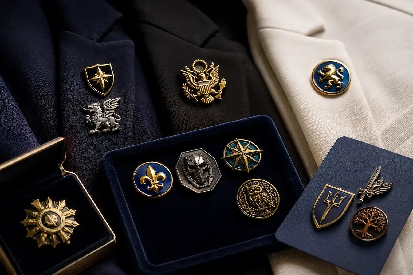 premium enamel lapel pins displayed on suits, boxes, and backing cards