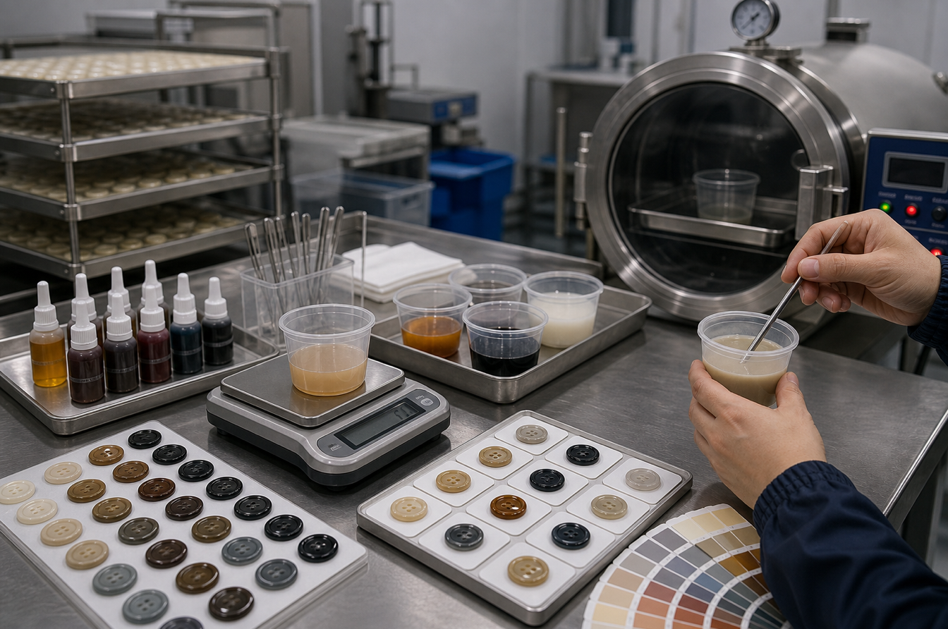 Vacuum degassing and precision color mixing for resin button production