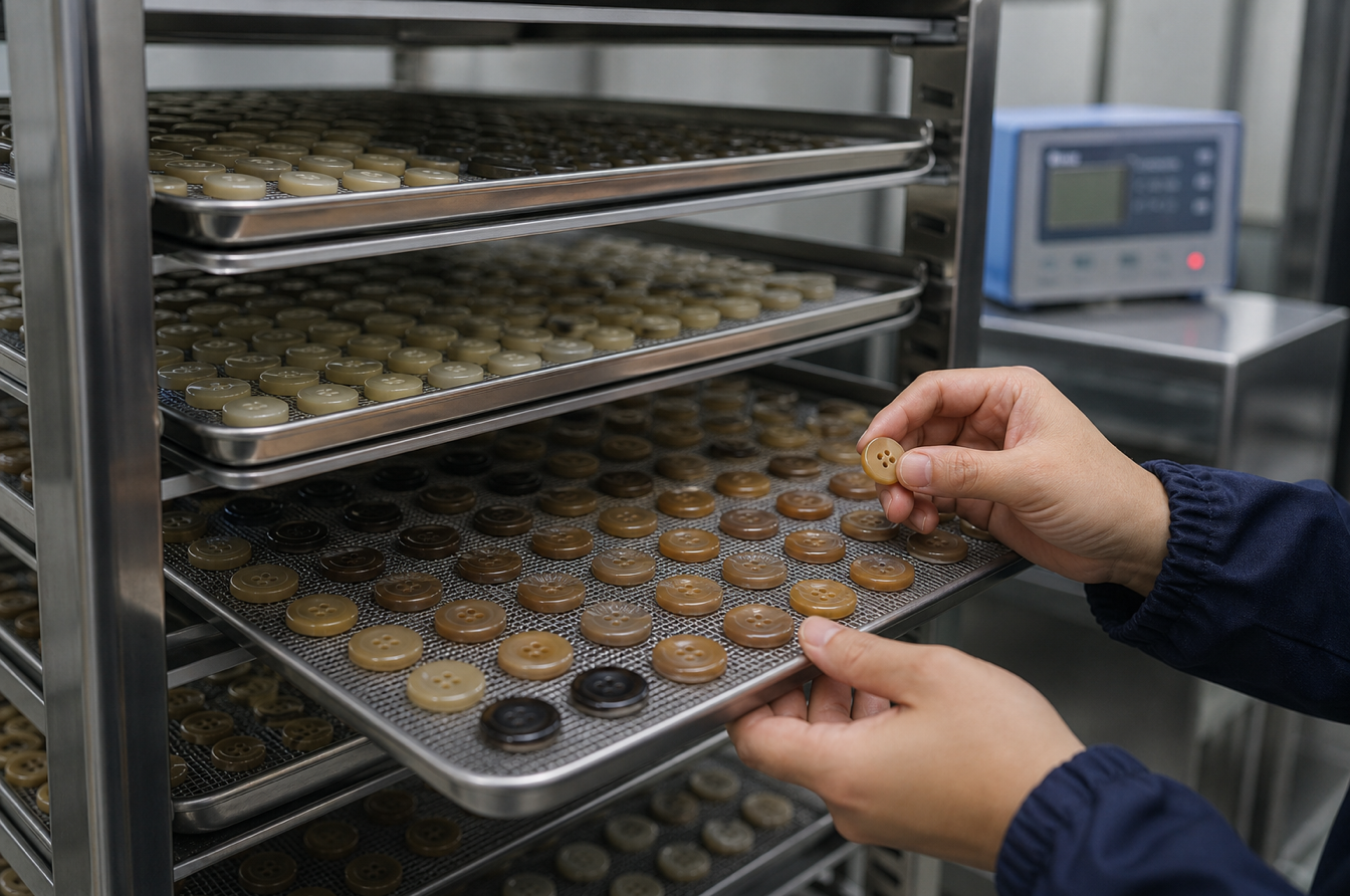 Controlled curing racks for resin button blanks in a clean workshop