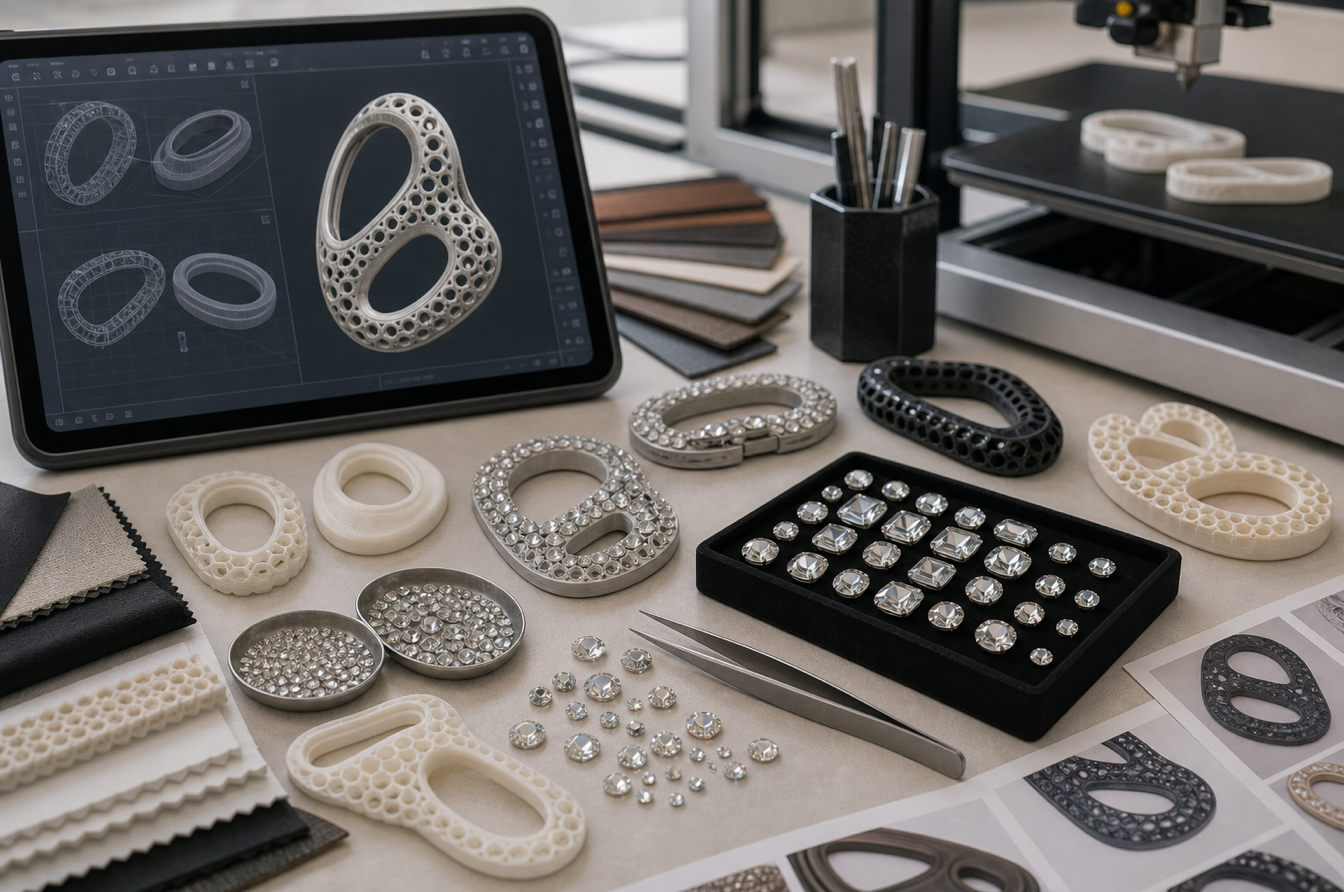 3D printed accessory parts with precisely placed rhinestones on development desk